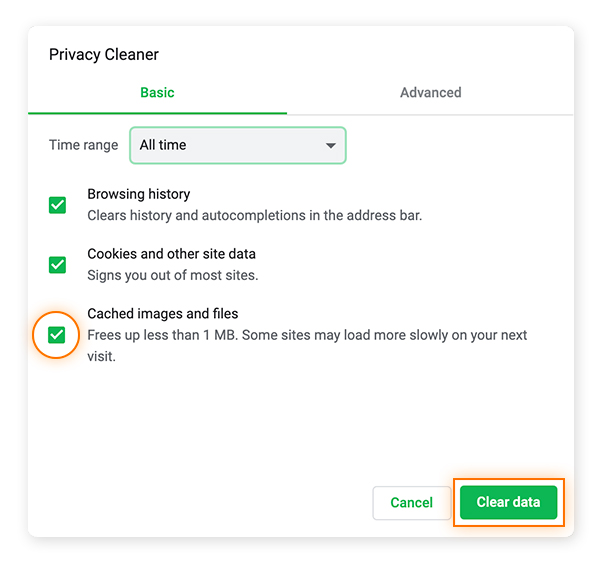Screenshot to show users how to clear cached images and files in Avast Secure Browser.