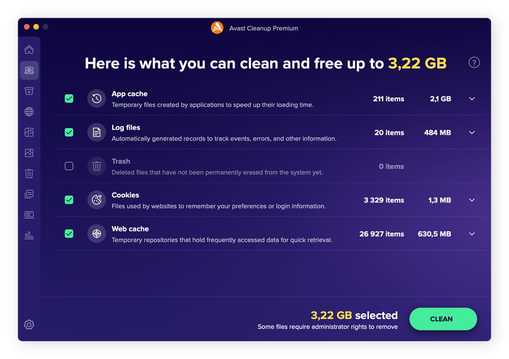 Image of Avast Cleanup interface showing cache and temporary files.