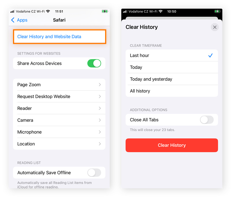 Clearing Safari history and data on iPhone to reduce system data storage.