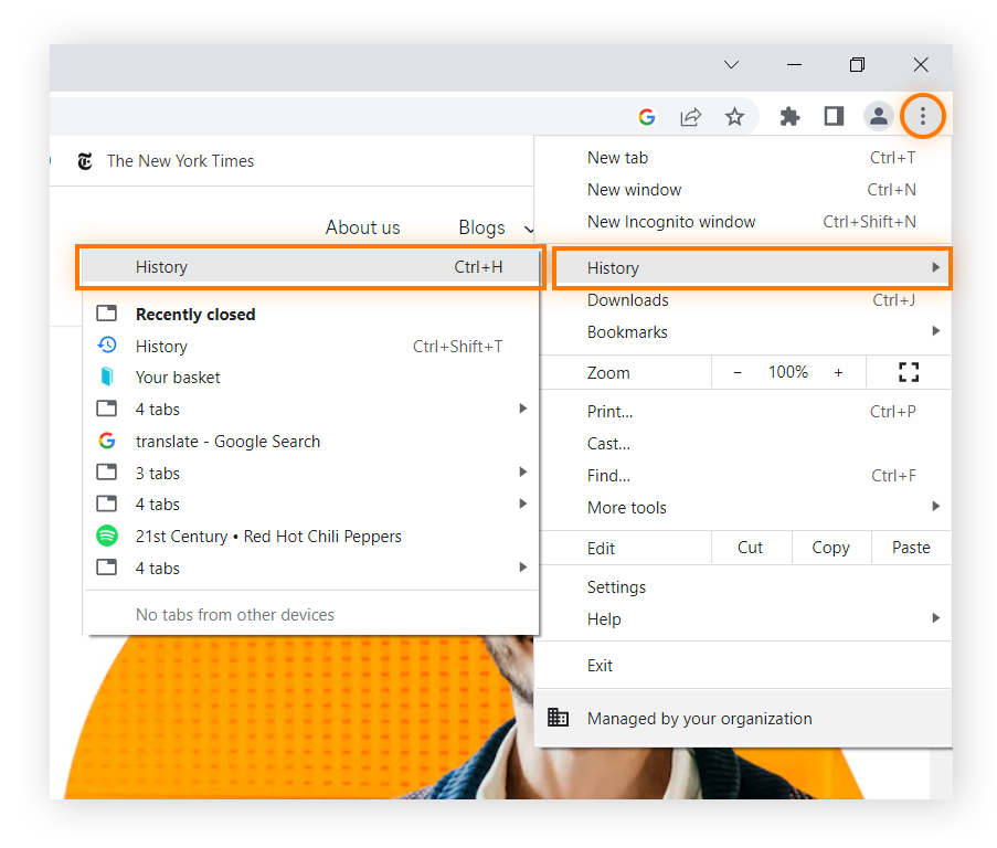 Acceso al Historial del navegador en Google Chrome para Windows 10 y 11.