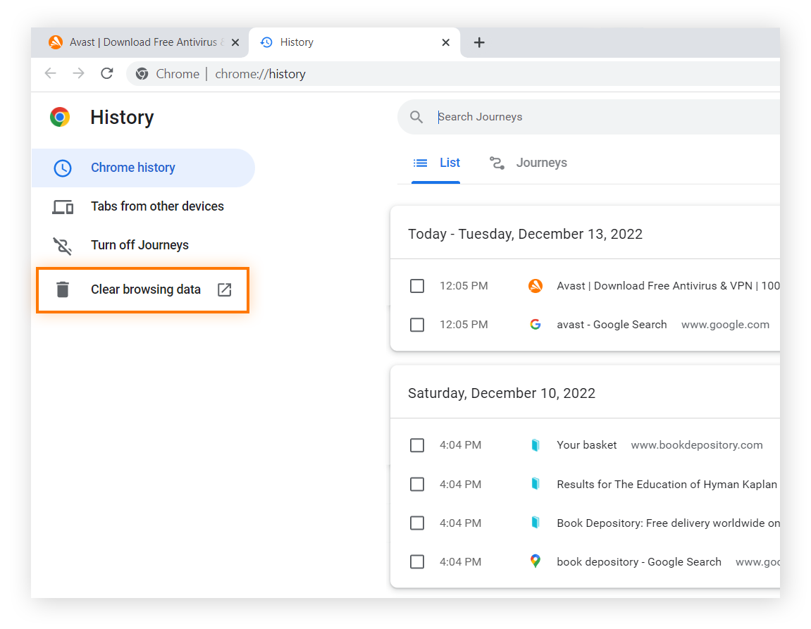 La pestaña Historial muestra el historial del navegador en Google Chrome para Windows 10 y 11.