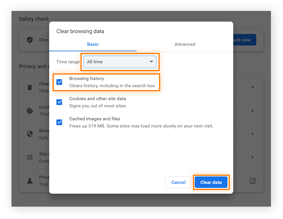 Clearing browser history and other browsing data in Google Chrome for Windows 10 and 11.