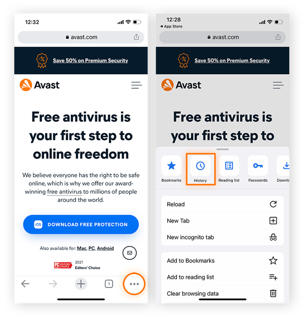 Accessing browsing history via the Chrome menu in Google Chrome for iOS.
