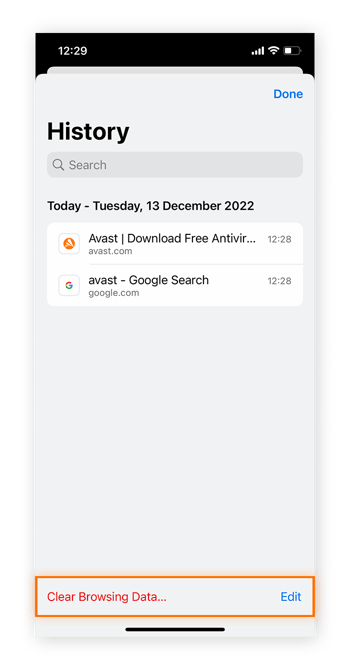 Vista del historial de navegación en Google Chrome para iOS.