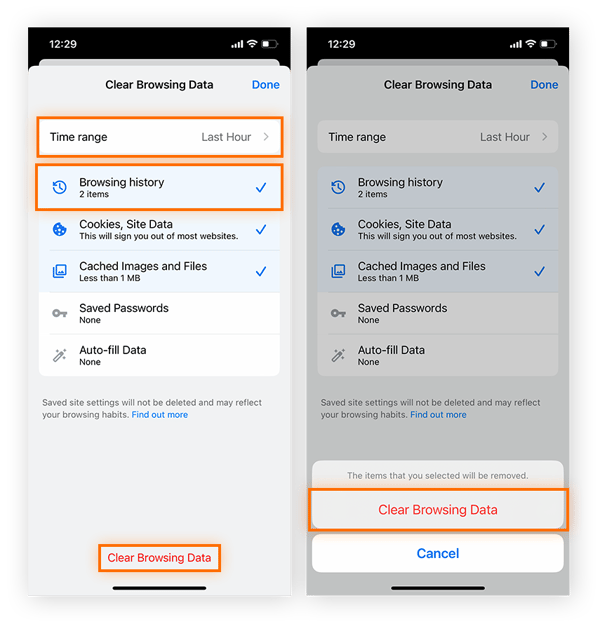 Eliminación de datos del navegador en Google Chrome para iOS.