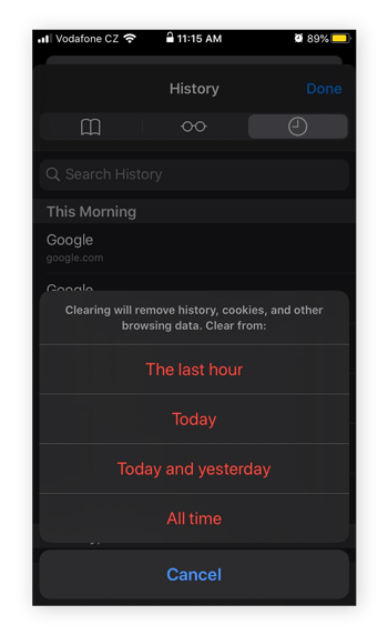 Choosing how much history you want to delete on Safari on an iPhone.