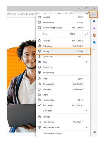 Acceso al historial de navegación a través del menú del navegador en Microsoft Edge para Windows 10 u 11.