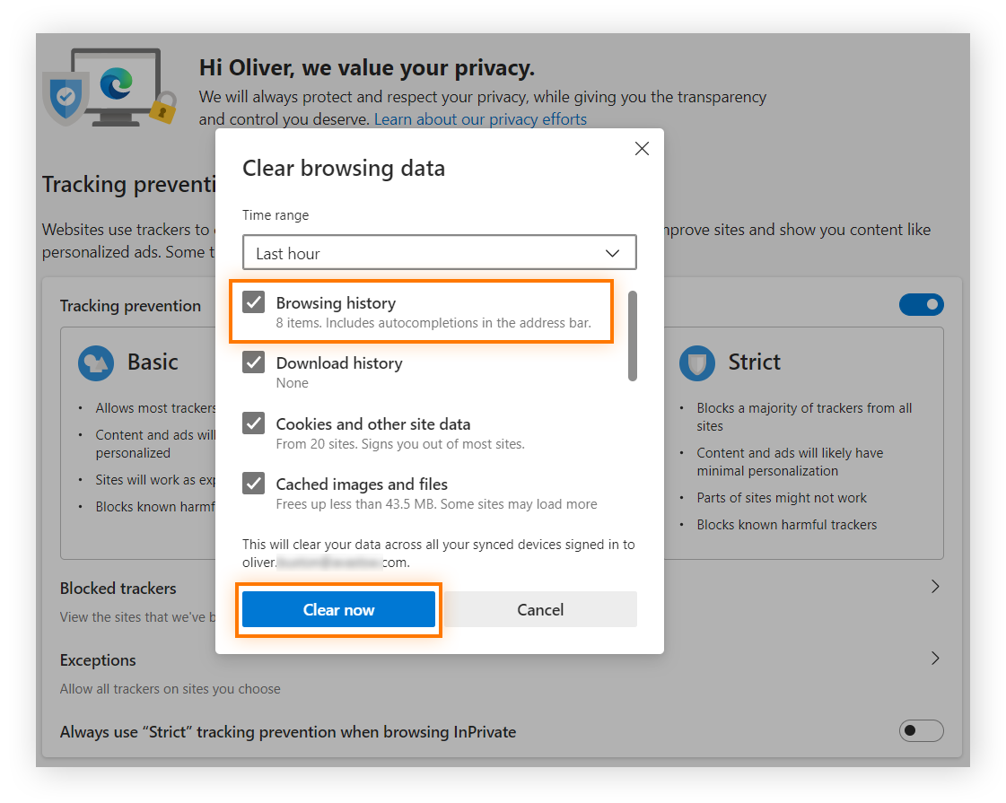 Eliminación de datos de navegación en Microsoft Edge para Windows 10 y 11.