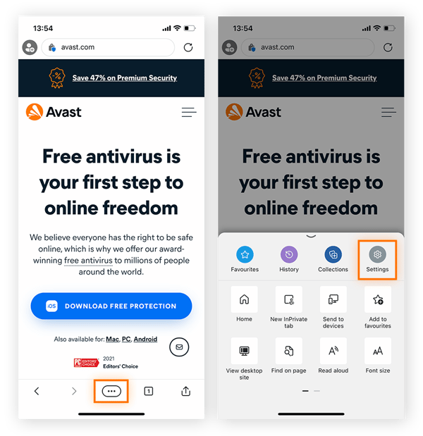 Acceso a la configuración del navegador desde el menú principal de Microsoft Edge para iOS.