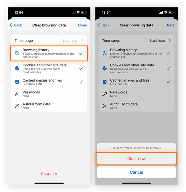 Deleting browsing history and other browser data in Microsoft Edge for iOS.