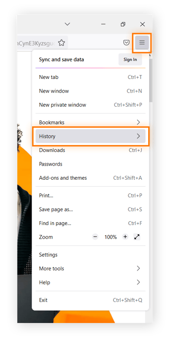 Acceso al Historial desde el menú del navegador en Mozilla Firefox para Windows 10 y 11.