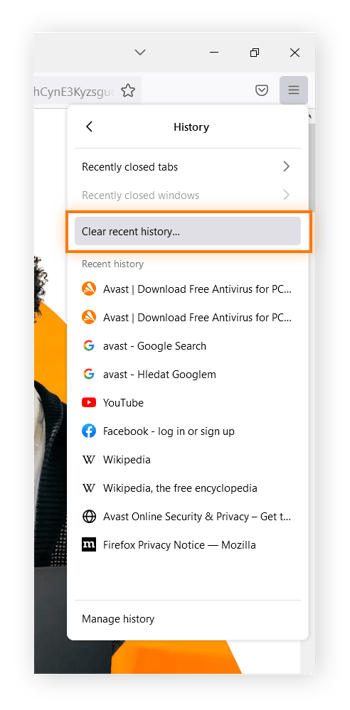 Eliminación del historial de navegación desde el menú Historial en Mozilla Firefox para Windows 10 u 11.