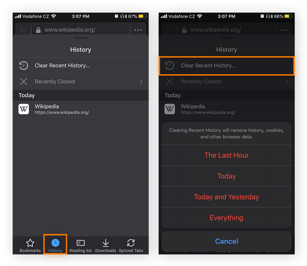 Eliminación del historial de navegación reciente desde el menú Historial en Mozilla Firefox para iOS.