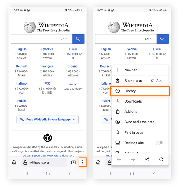 Acceso al menú del navegador en Mozilla Firefox para Android.
