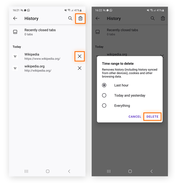 Vista y eliminación del historial de navegación en Firefox para Android.