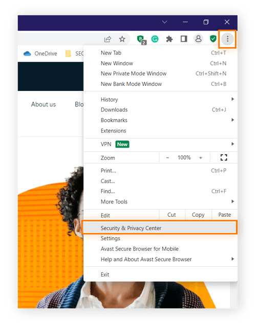  Acceso al Centro de seguridad y privacidad desde el menú de Avast Secure Browser en Windows 10 u 11.