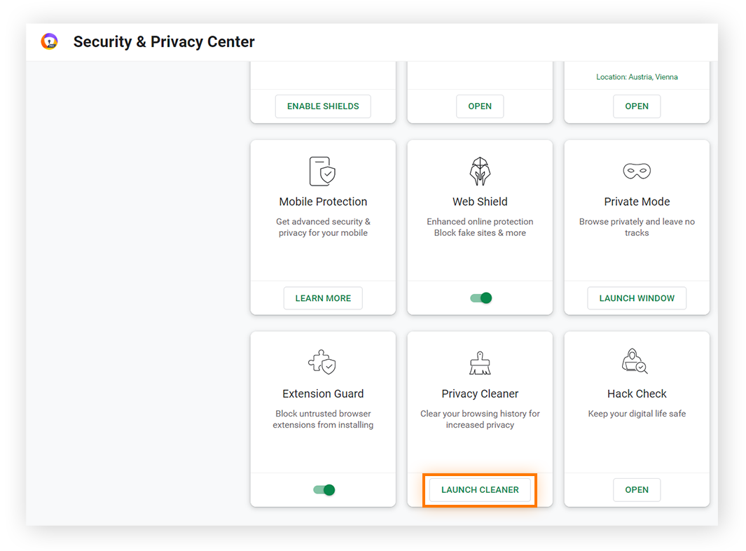 Inicio del Limpiador de privacidad desde el Centro de seguridad y privacidad para eliminar el historial de navegación en Avast Secure Browser.