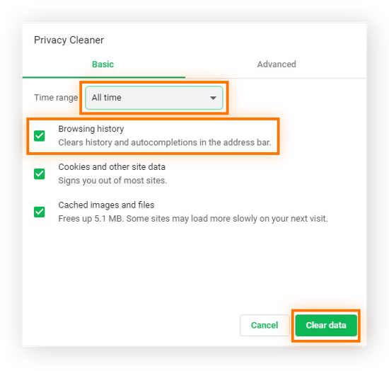 Eliminación de datos de navegación utilizando el Limpiador de privacidad de Avast Secure Browser en Windows 10 y 11.