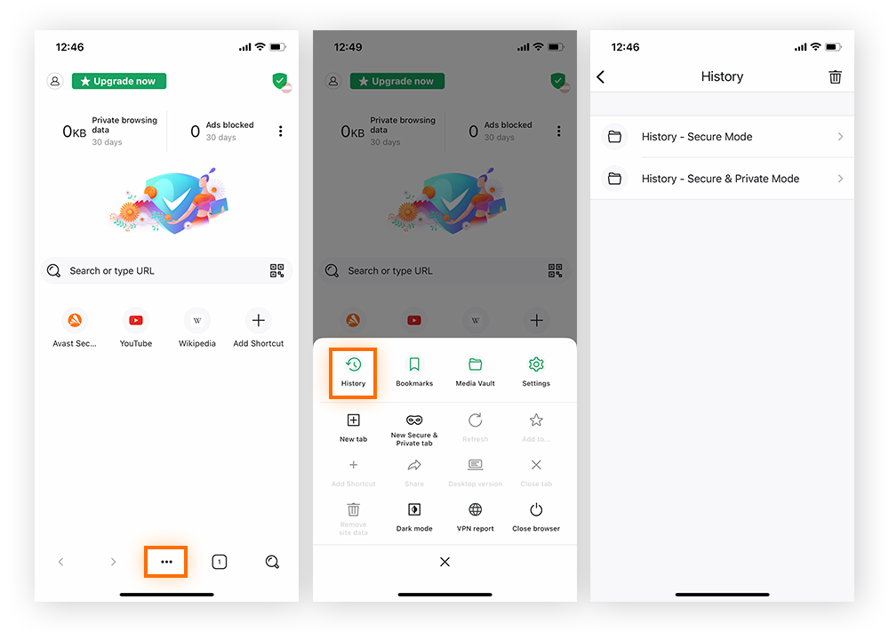 Ruta del menú del navegador para acceder al historial del navegador y seleccionar un perfil de navegación para verlo en Avast Secure Browser para iOS.