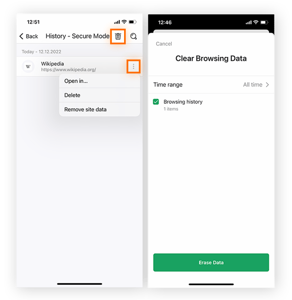 Eliminación de un elemento individual del historial del navegador o de todo el historial de navegación dentro de un intervalo de tiempo seleccionado en Avast Secure Browser para iOS.