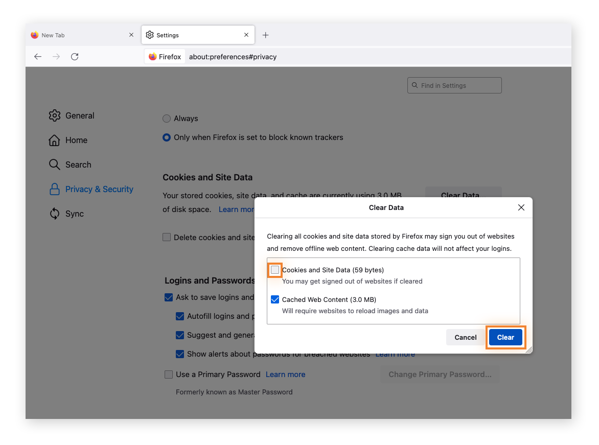 Sicherstellen, dass nur die Einstellung „Zwischengespeicherte Webinhalte/Cache“ aktiviert ist, bevor Daten in Firefox gelöscht werden.