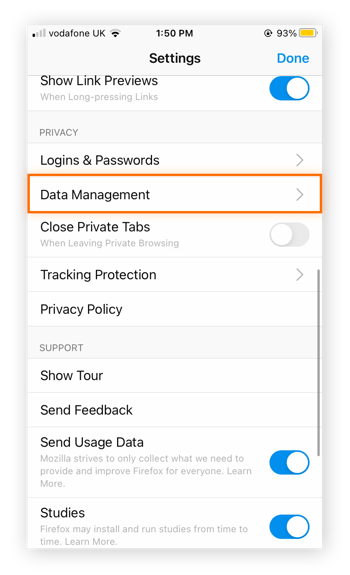 Ein Screenshot der Firefox-Einstellungen unter iOS, wobei „Datenverwaltung“ hervorgehoben ist.