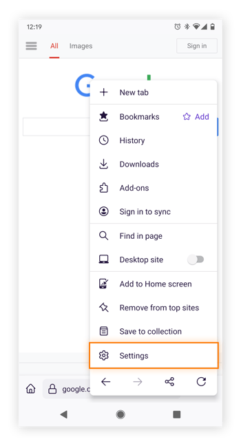 Ajustes del navegador Firefox en Android.