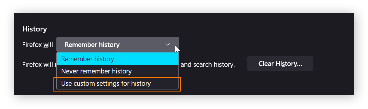 Ein Screenshot der Einstellungen für „Datenschutz & Sicherheit“ in Firefox, wobei speziell der Abschnitt „Chronik“ gezeigt wird. Neben „Firefox wird eine Chronik“ ist im Dropdown-Menü die Option „nach benutzerdefinierten Einstellungen anlegen“ hervorgehoben.