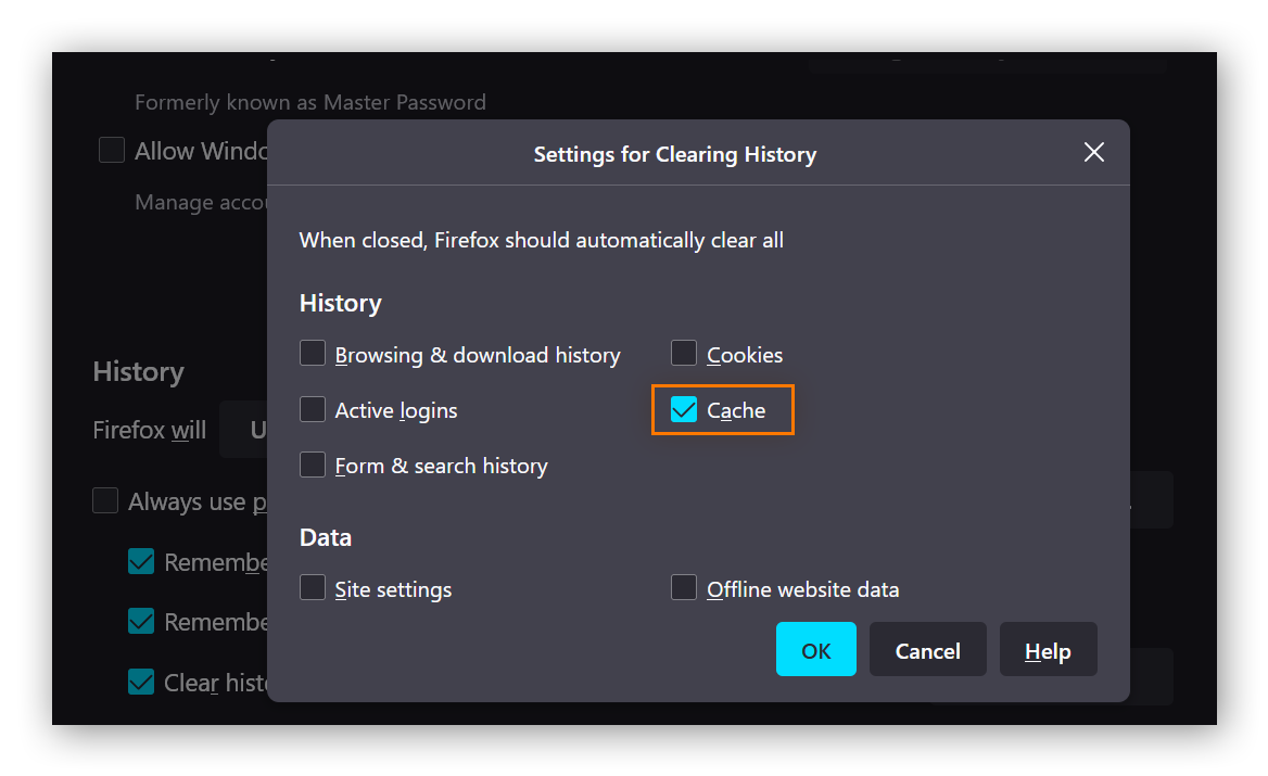 Screenshot der „Einstellungen für das Löschen der Chronik“ in Firefox, wobei nur „Cache“ aktiviert ist und Elemente wie „Cookies“ und „Besuchte Seiten & Download-Chronik“ deaktiviert sind.