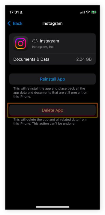 How to clear Instagram cache on iPhone by deleting the app and reinstalling it.