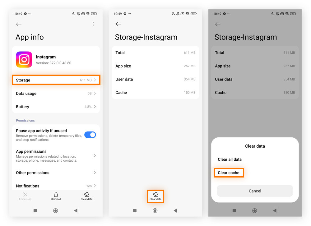 How to clear Instagram cache on Android within the app's storage settings.