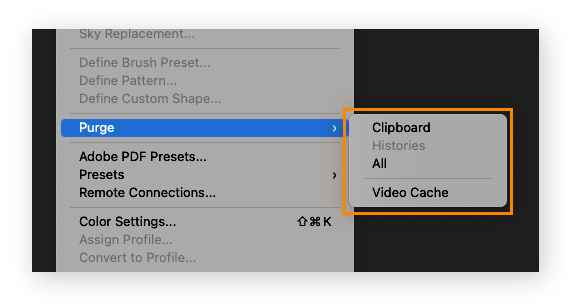 Options de purge dans le menu Édition de Photoshop.