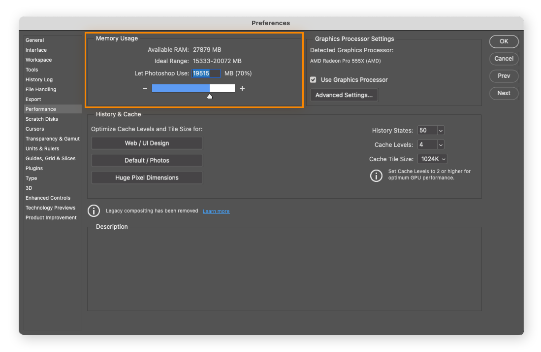 Augmentation de la RAM pour Photoshop sur Mac.