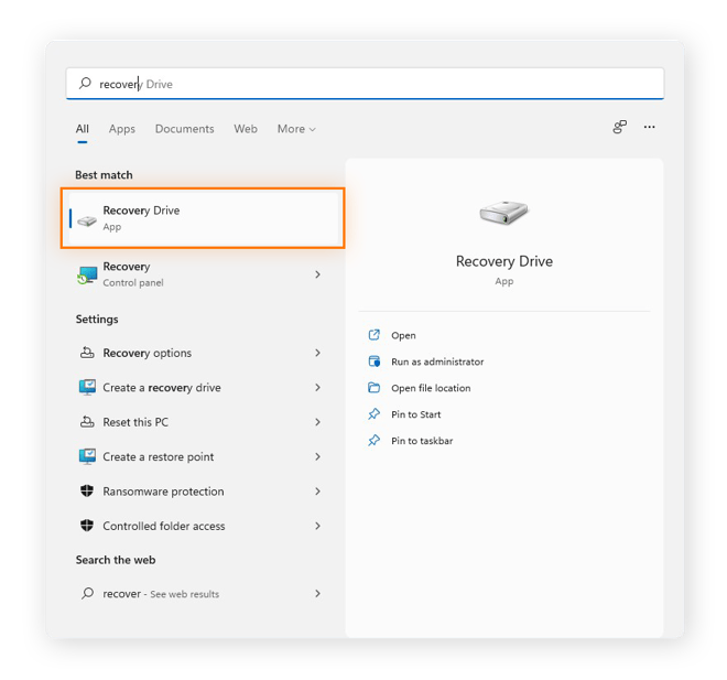 Finding the Recovery Drive app in Windows 11