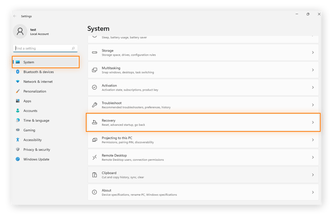 Accès aux paramètres de récupération dans Windows 11