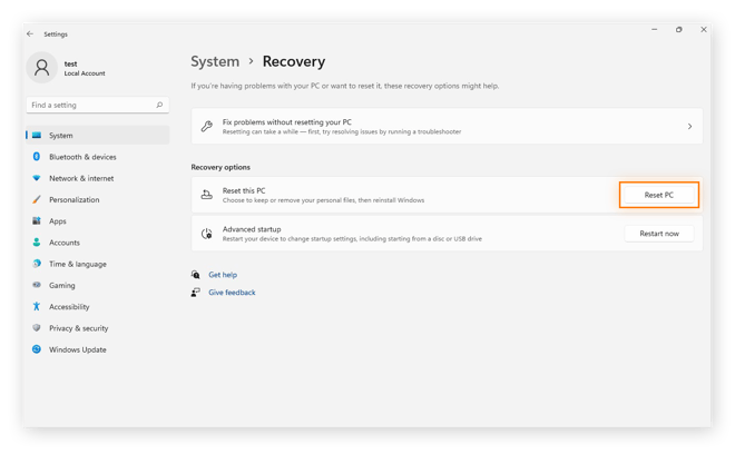 Resetting a PC in Windows 11