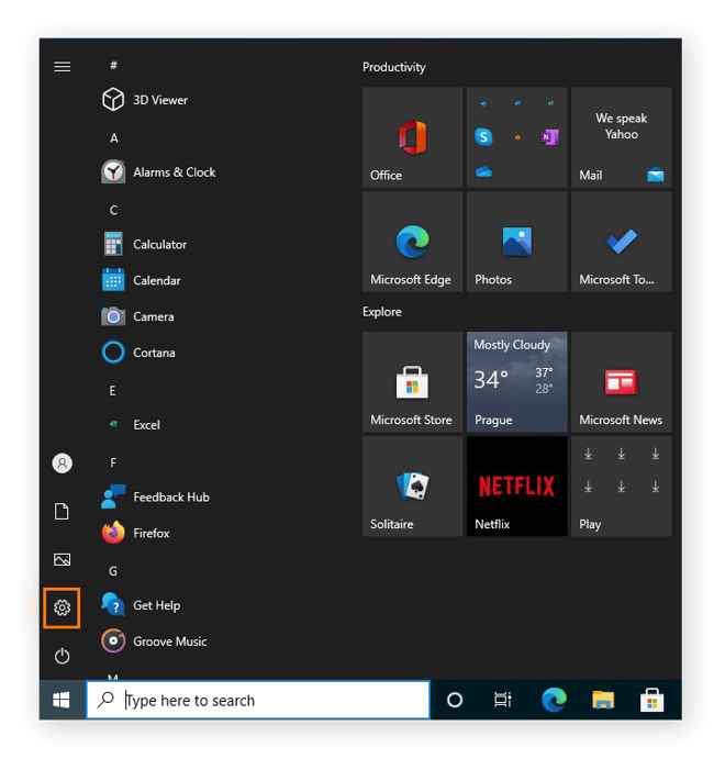 Ouverture des paramètres pour réinitialiser le PC sous Windows 10.