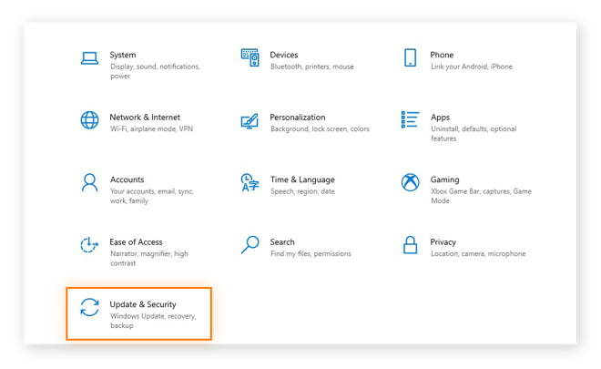 Accès à Mise à jour et sécurité pour réinitialiser un PC sous Windows 10.