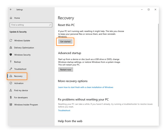 Cliquer sur Récupération pour réinitialiser un PC sous Windows 10.