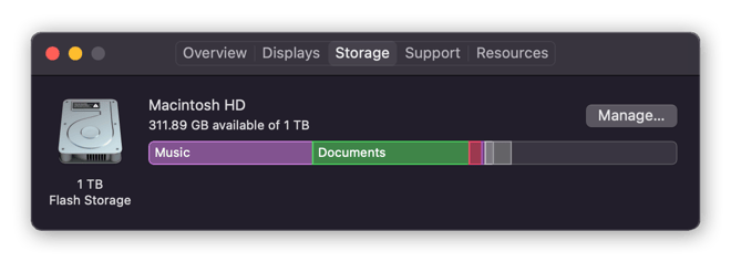 Onglet stockage dans la fenêtre À propos de ce Mac.
