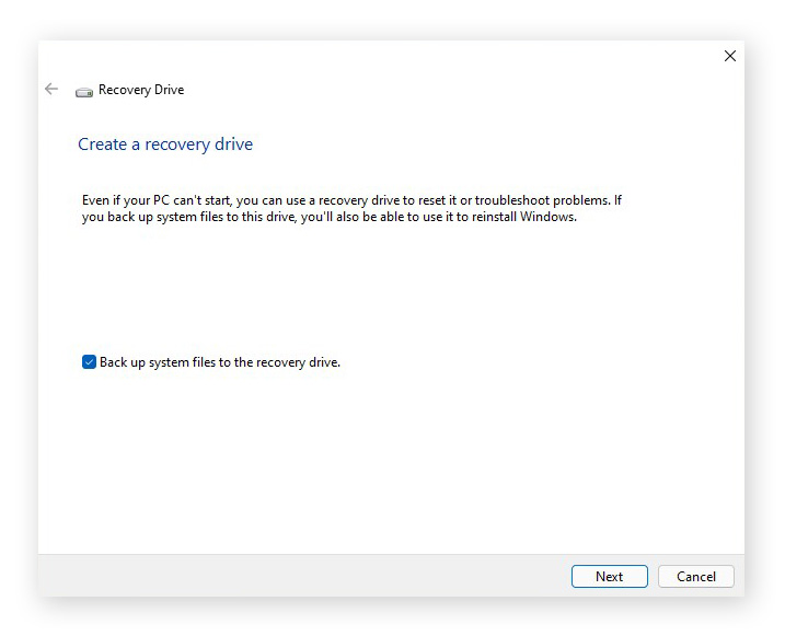 Creating a recovery drive in Windows 11.
