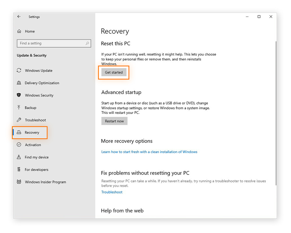 Clicking Recovery to reset your PC in Windows 10.