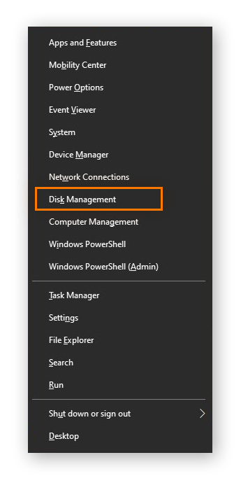 Opening the Disk Management tool in Windows 10.