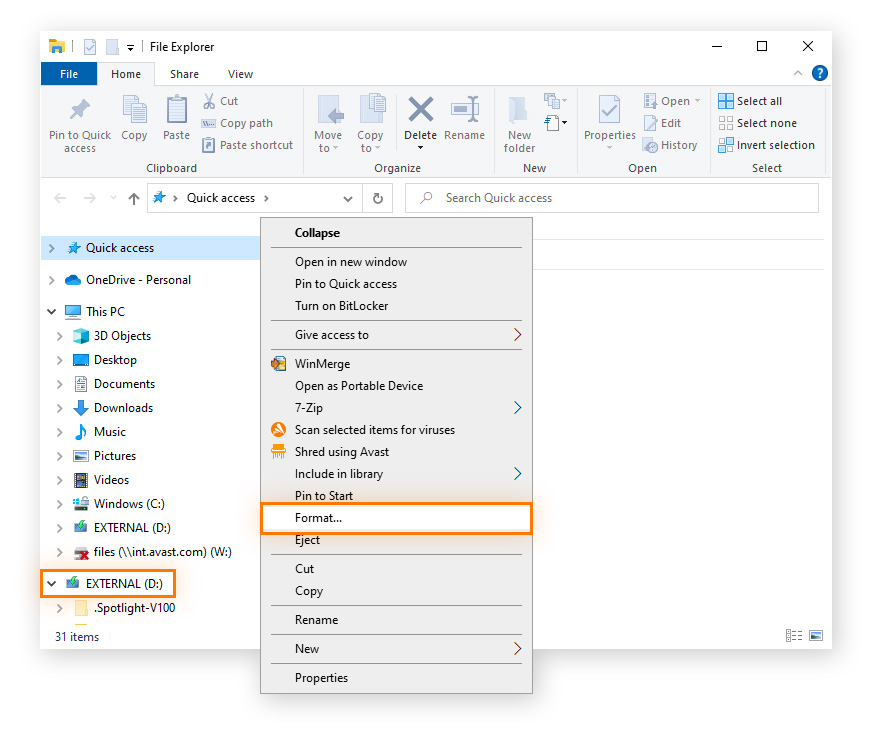 Right-click an external drive in Windows 10 File Explorer, then select Format to reformat the drive.