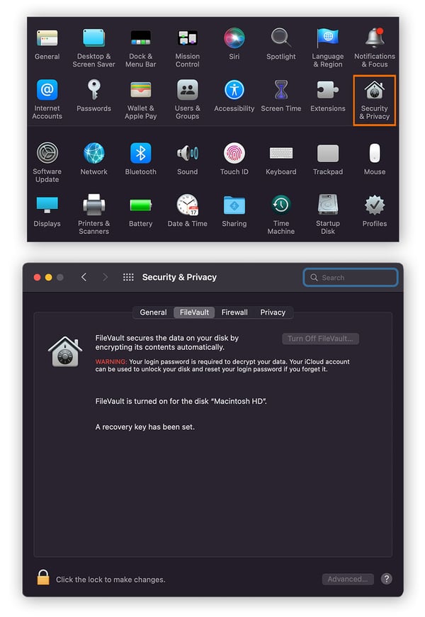 Accessing the FileVault from the System Preferences in macOS.