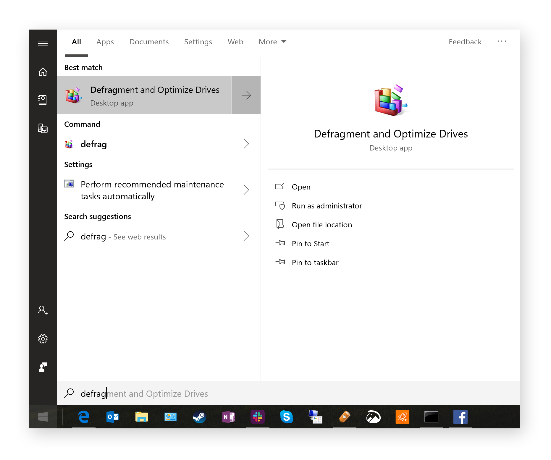 Running Defragmentation utility in Windows 10