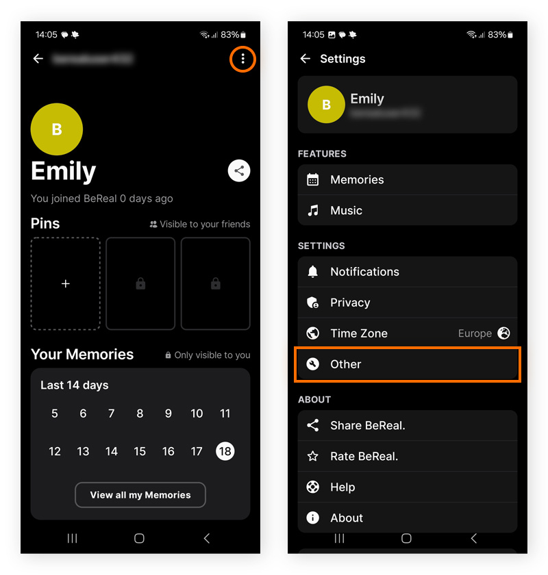 Accessing the BeReal Settings menu on Android.