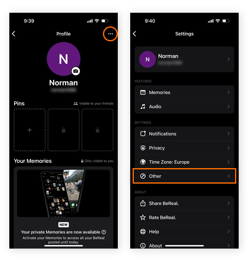 Accessing the BeReal Settings menu on an iPhone.