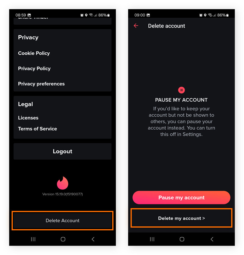 Exclusão de uma conta do Tinder por meio do menu Configurações no aplicativo Tinder