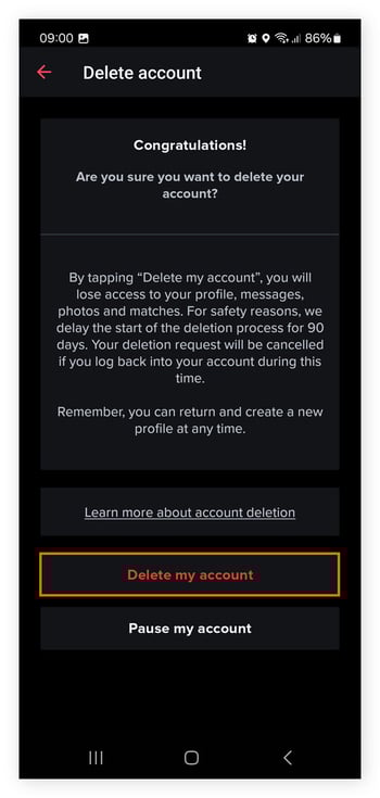 Excluir a página da conta do Tinder no aplicativo Tinder